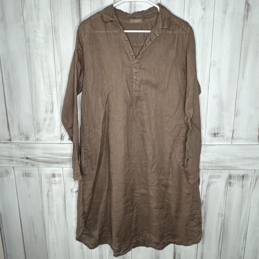 WOMENS CP SHADES BROWN 100% LINEN LARA MIDI SHIRT DRESS‎ POCKETS LAGENLOOK SMALL